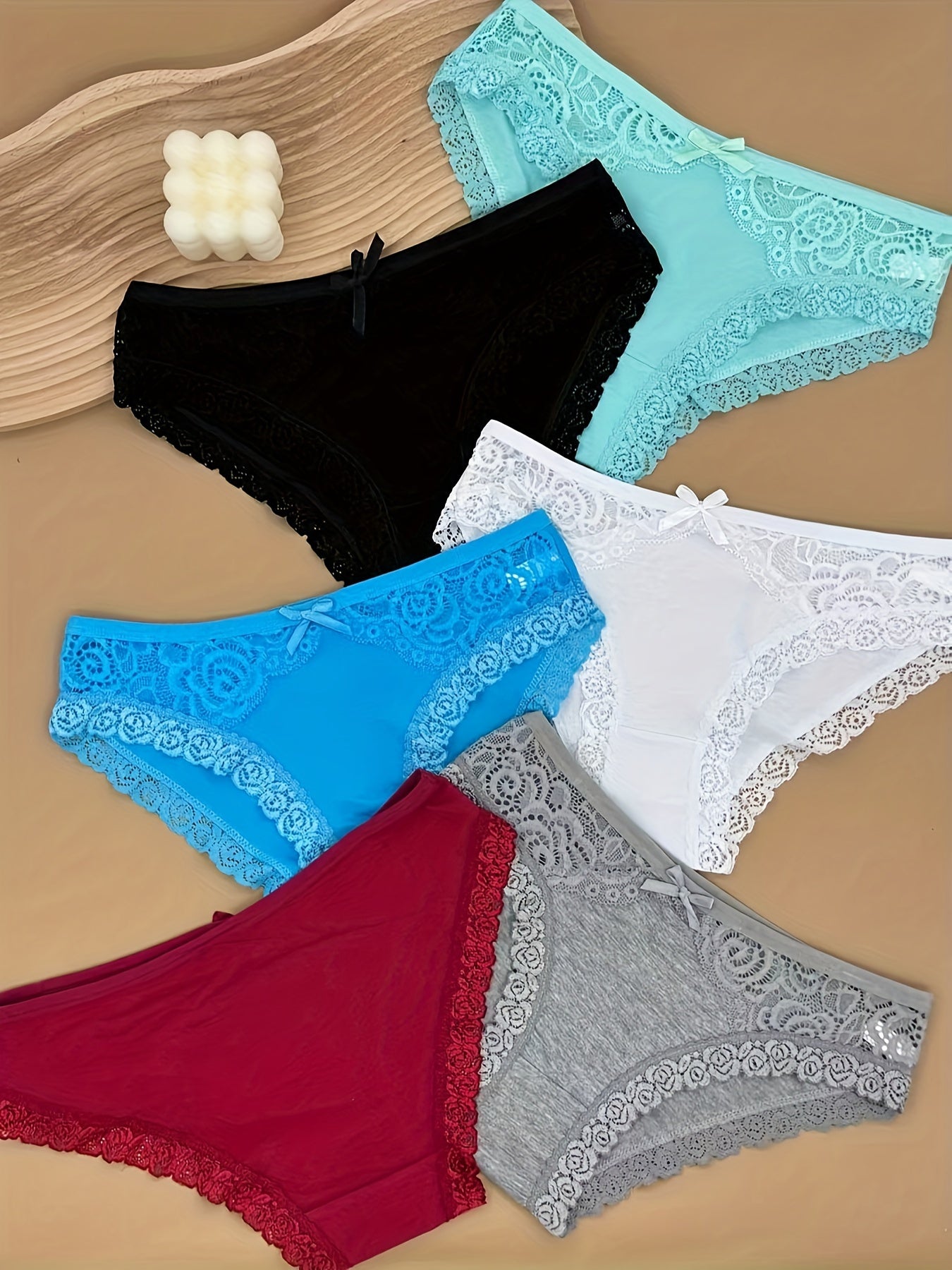 6pcs Women's Lace Panties - Sexy Low-Rise, Breathable, Comfort Fit with Elegant Contrast Lace Detailing in Assorted Colors (Teal, Red, White, Black, Gray, Blue), Cute Panties