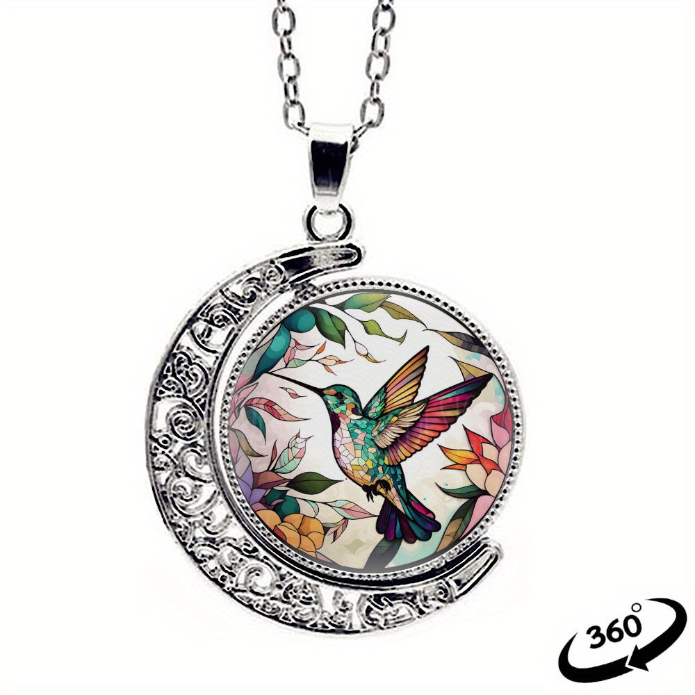 Elegant Fashion Colorful Hummingbird Crescent Half Moon 360° Rotation Round Crystal Pendant Necklace Creative Men Women Jewelry Gifts