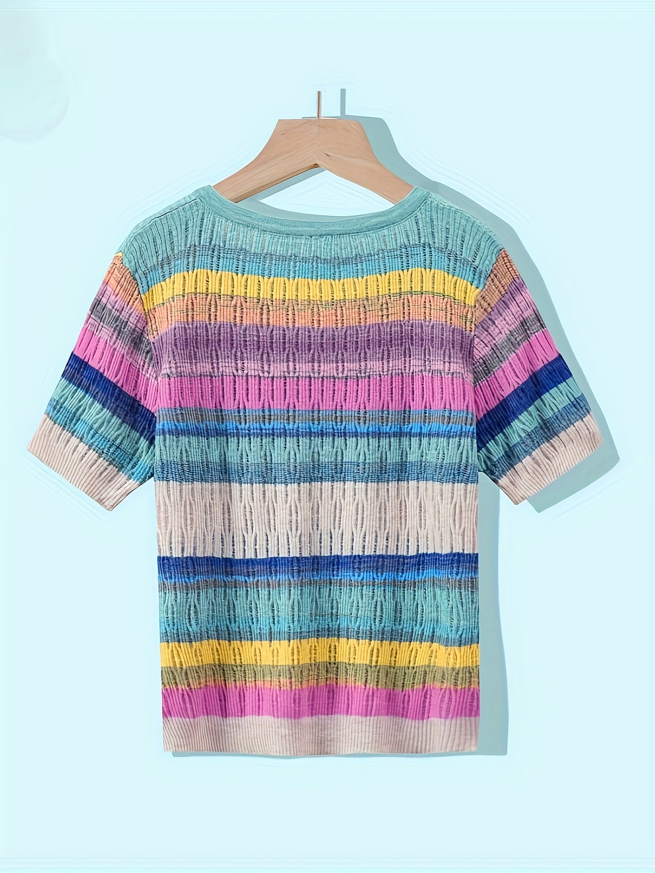Women'S Casual Rainbow Striped Short Sleeve Cardigan - Comfortable Polyester Knit, Breathable & Stylish, Round Neck, Summer Top, Casual Summer Top|Striped Cardigan|Knit Construction, Ladies Cardigan