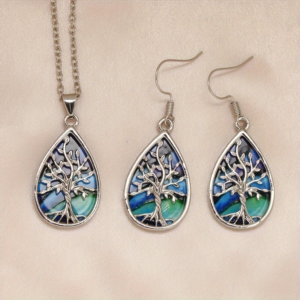 Tree of Life Fashion Jewelry Set - Water Drop Necklace & Earrings, Alloy with Mixed Colors, Perfect Gift for Birthdays and Christmas, Perfect for Winter, New Year