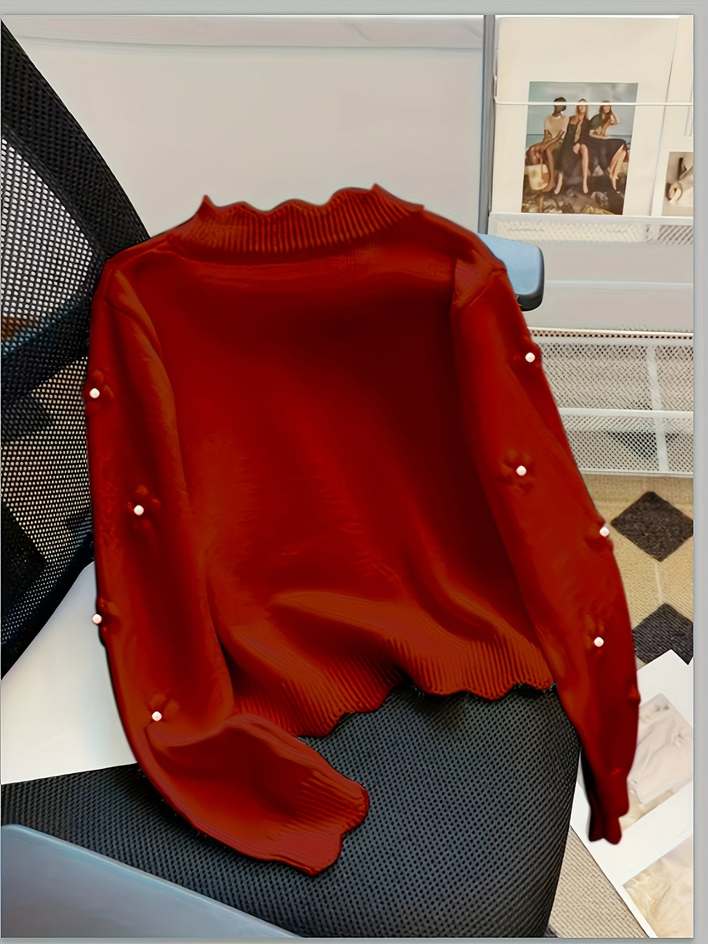 Women's Fashion Knit Cardigan, Round Neck, Embellished 3D Floral, Long Sleeve, Wavy Hem, Solid Color, Polyester, Regular Length, Button Detail, Elegant Style, Autumn\u002FWinter Season