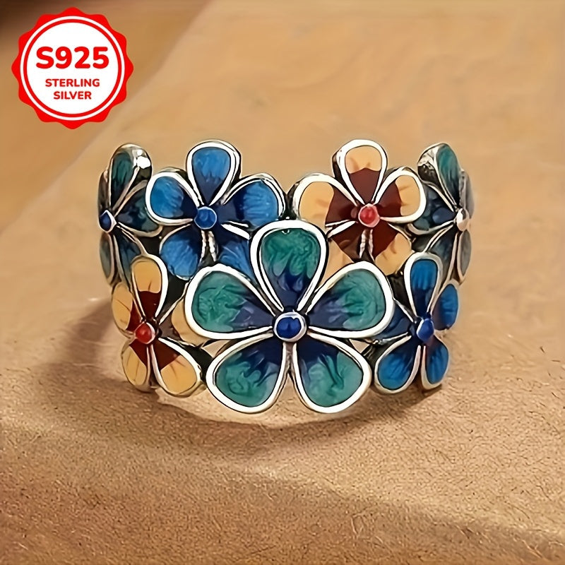 Bohemian Style 925 Sterling Silvery Floral Ring, Suitable for Women, Vintage Ethnic Handmade Jewelry, Suitable for Daily Wear, Four Seasons Applicable