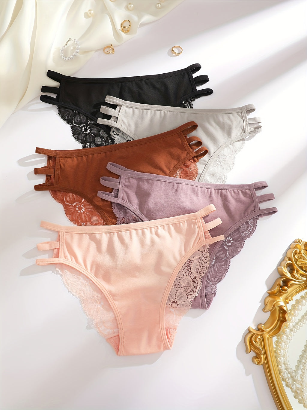 5pcs Women'S Solid Color Lace Trim Fashion Hollow Triangle Briefs, Polyester, Sexy, Knit Fabric, 180g\u002Fm², with Contrast Lace for Women