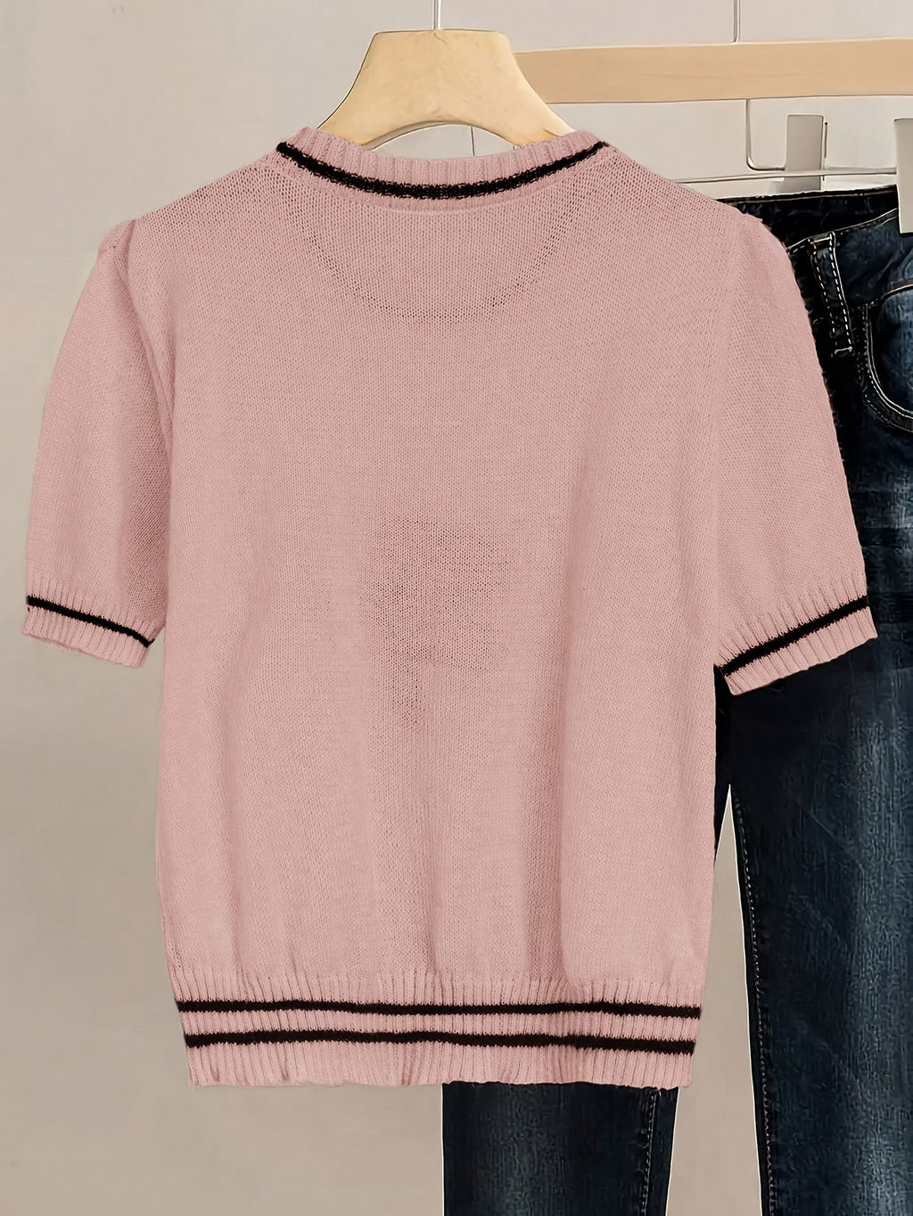 Chic Pink Knit Sweater with Bow Detail - Casual Crew Neck, Beaded Accents, Ribbed Cuffs & Hem, All-Season Women'S Fashion Top, Stylish Layering Piece | Bow Detail Top | Knitted Textur