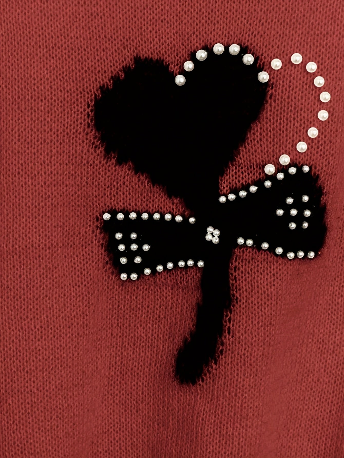 Chic Pink Knit Sweater with Bow Detail - Casual Crew Neck, Beaded Accents, Ribbed Cuffs & Hem, All-Season Women'S Fashion Top, Stylish Layering Piece | Bow Detail Top | Knitted Textur