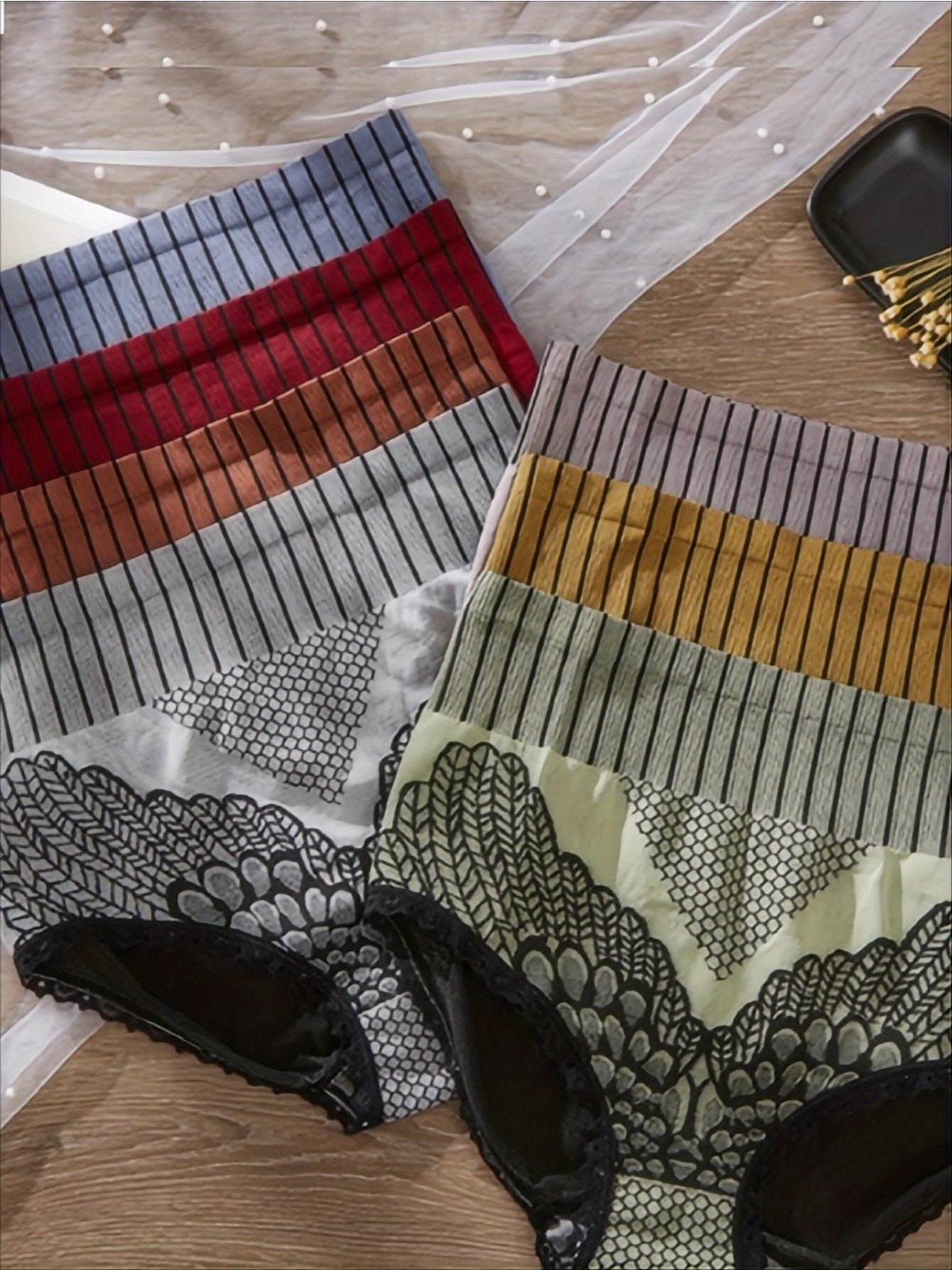 7pcs Color Block Stripes High Waist Briefs, Elegant Comfy Breathable Stretchy Intimates Panties, Women's Lingerie & Underwear