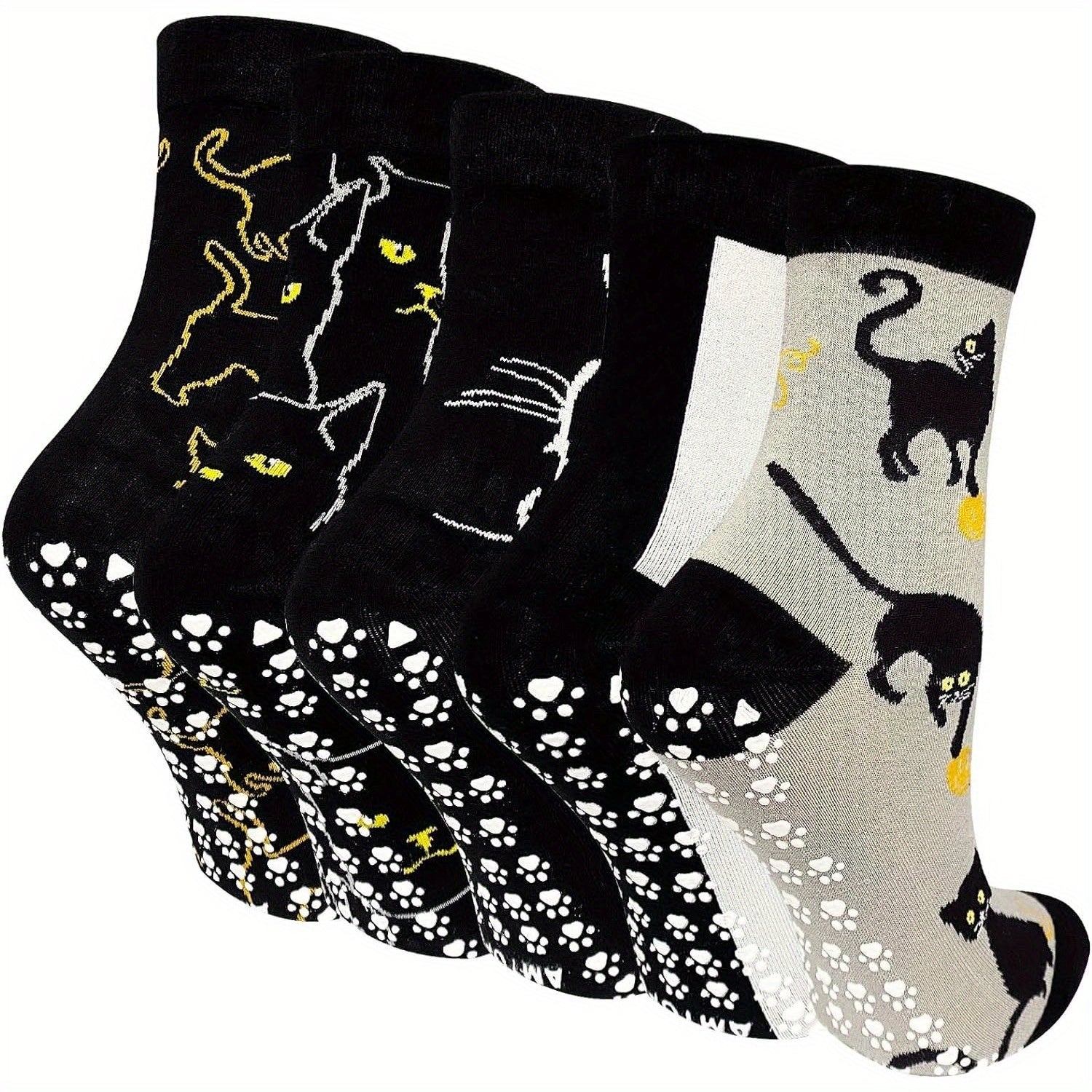 5 Pairs Women's Non-Slip Grip Socks with Playful Cat & Skull Cartoon Design, Anti-Skid Sole, All-Season Comfort, Hand Wash\u002FDry Clean - Funny Novelty Socks for Casual Wear, Cute Socks, Comfortable Footwear, Whimsical Sock Patterns