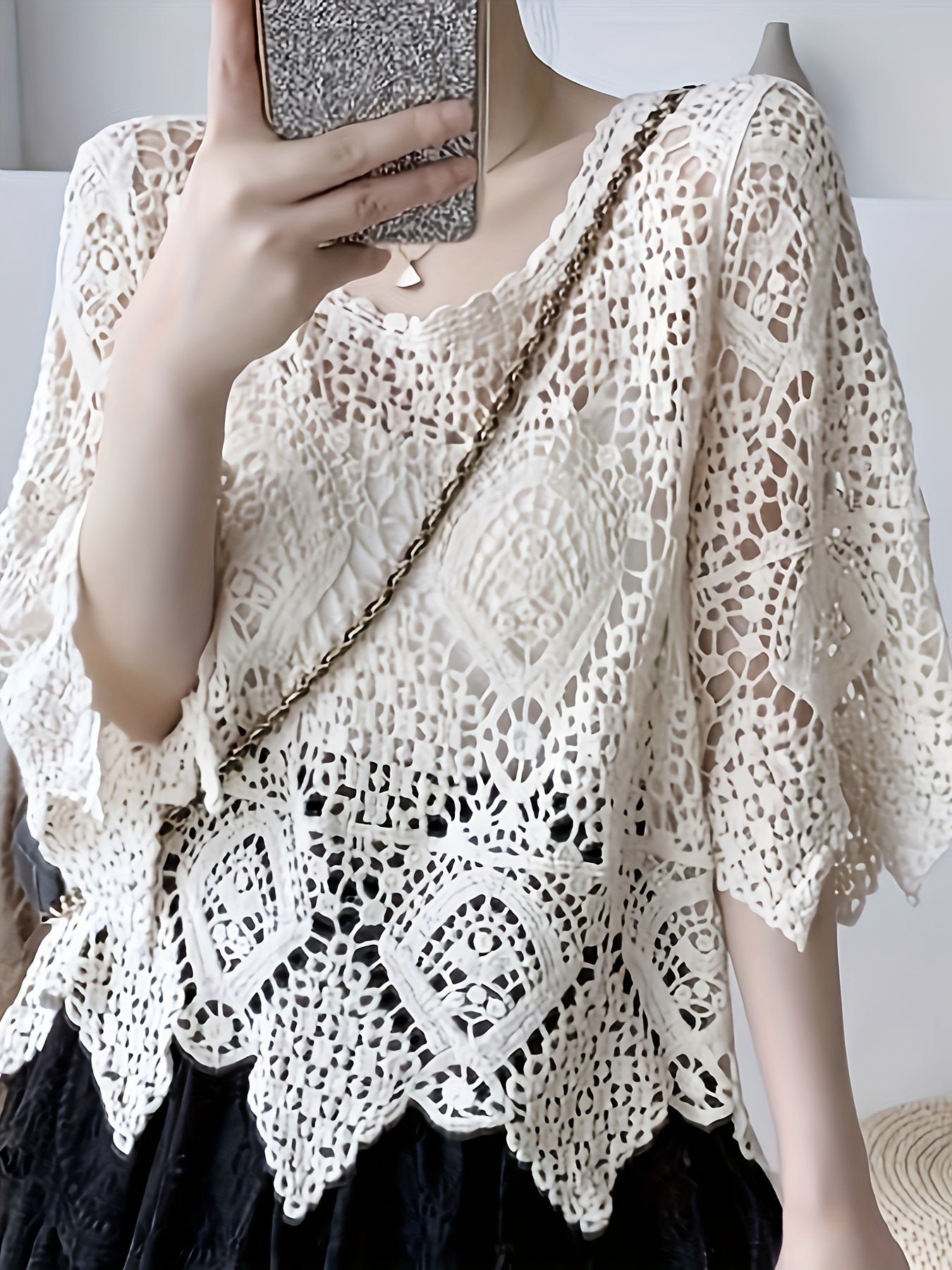 Elegant Crochet Hollow-Out Knit Top - Breathable Cotton Blend, Semi-Sheer, Round Neck - Perfect for Spring & Summer