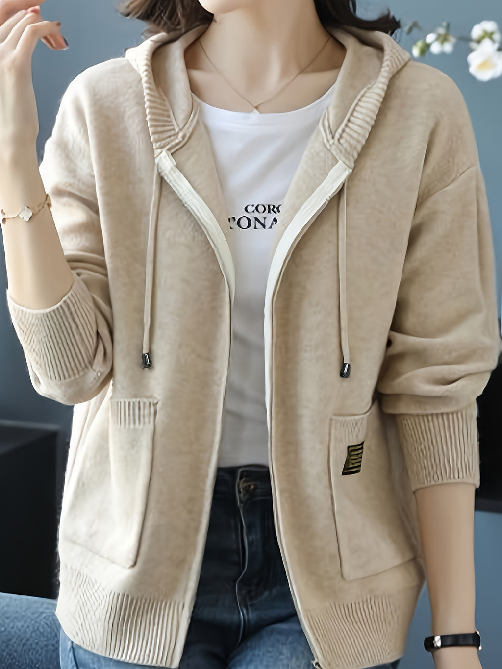 Women's Beige Hooded Cardigan Sweater - Slim Fit Zip-Up Front with Open Collar, Long Sleeve Ribbed & Side Pockets for Spring\u002FFall Transitional Weather, Casual to Professional Outfits, Sweater Cardigan, Casual Attire, Fitted Fashion, Textured Fabric
