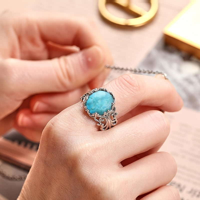 A Stylish S925 Silver Ring for Women Featuring Floral Designs And Turquoise, Adjustable And Open-Ended, Perfect As a Jewelry Gift for Mother'S Day, with a Low Allergy Risk And a Weight of 3.3G.