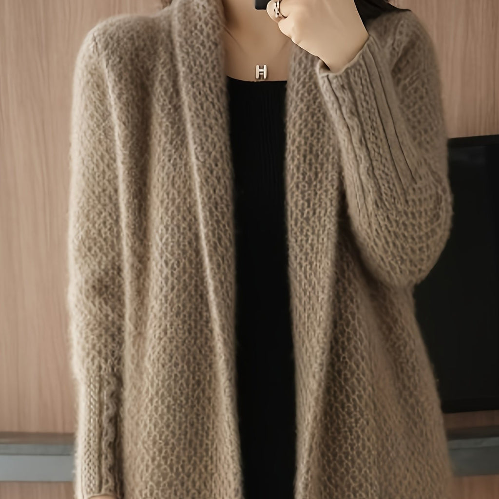 Elegant Long Cardigan Sweater for Women - Autumn\u002FWinter Knitted Fabric, Solid Color, Long Sleeve, Over-the-Knee, Acrylic Material, Reversible Collar Design