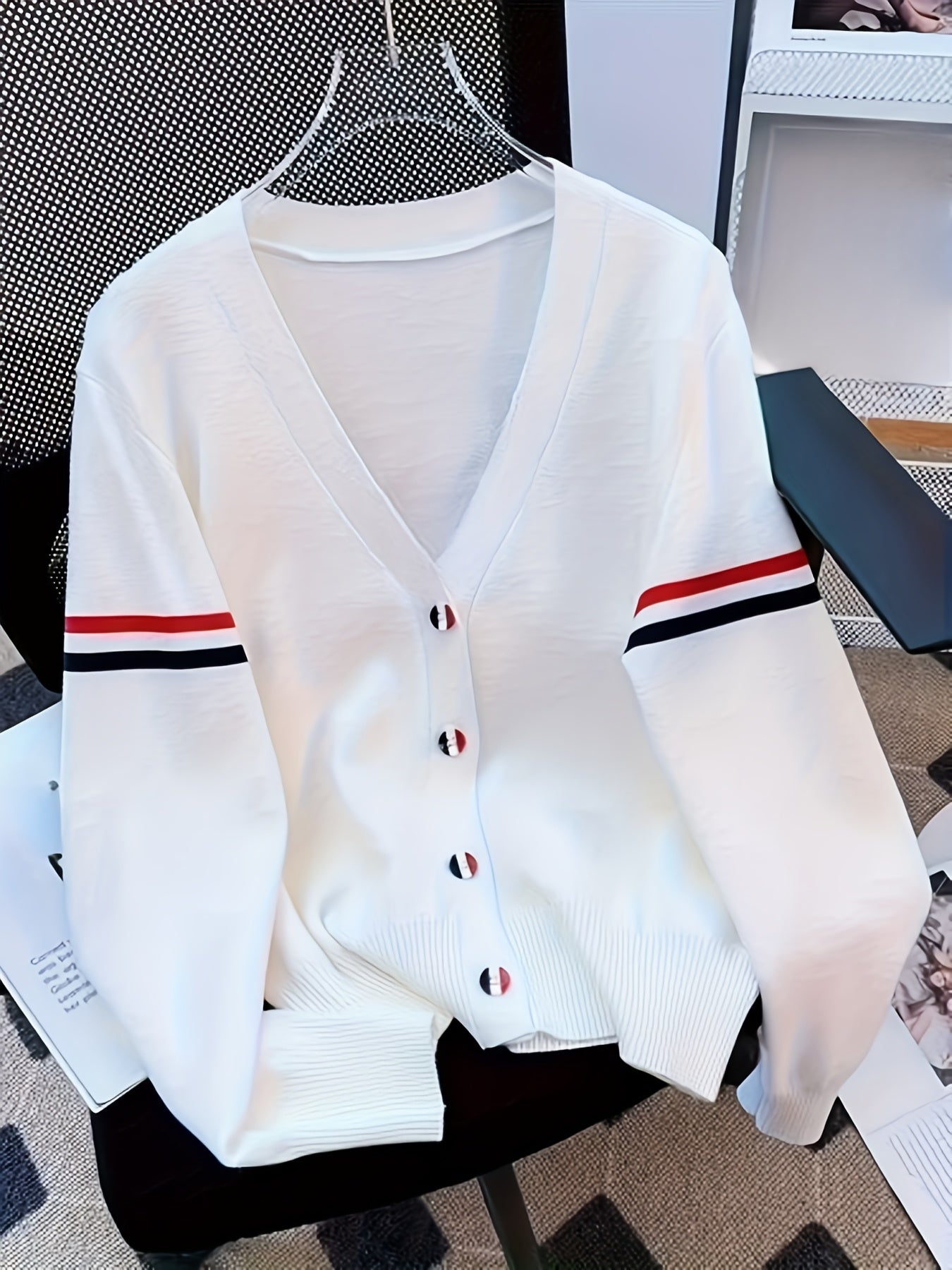 Women's Ice Silky Fiber V-Neck Cardigan - White with Red & Blue Striped Cuffs, Lightweight Long Sleeve Button-Front Spring\u002FFall Layering, Machine Washable Office to Casual Chic
