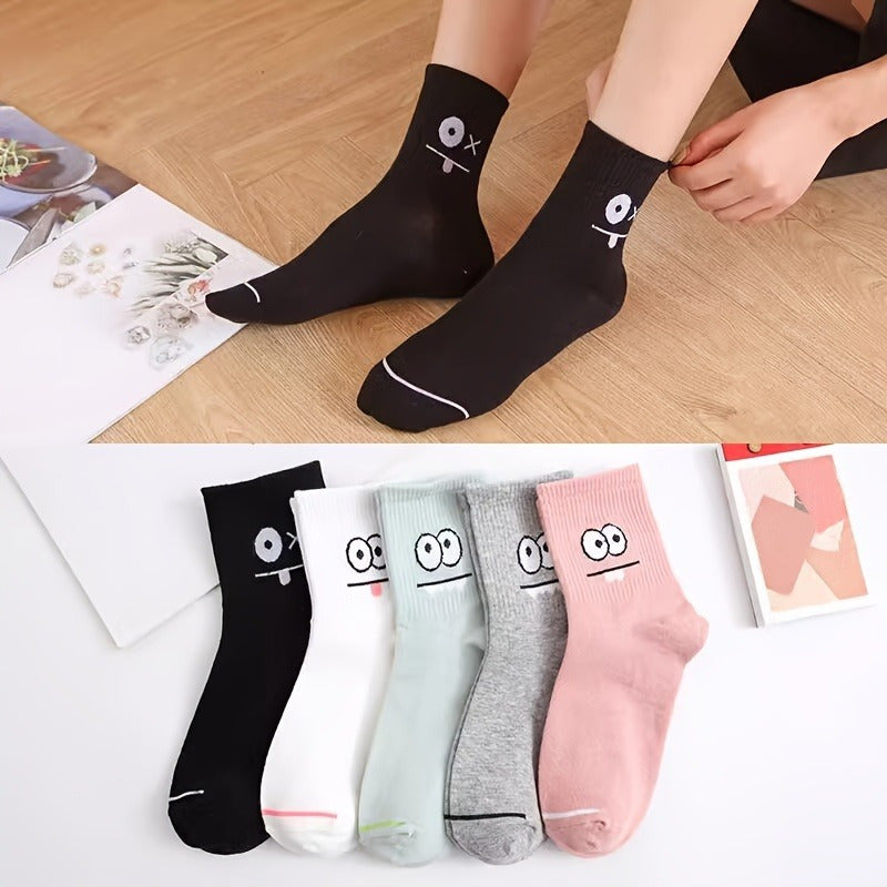 5 Pairs Women's Fun Cartoon Face Print Mid-Calf Socks - Soft Breathable All-Season Casual & Sports Socks with Assorted Colors & Playful Designs, Novelty Socks, Seasonal Wear, Comfortable Wear