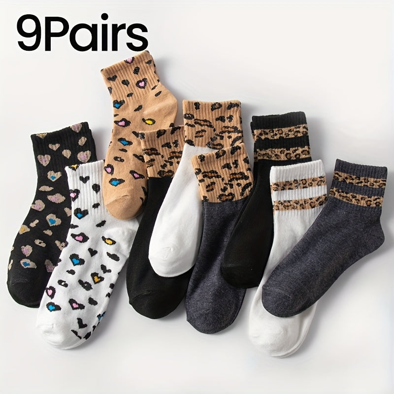 9-Pack Women's Leopard Print Heart Stripe Fashion Casual Mid-Calf Socks for Everyday Use