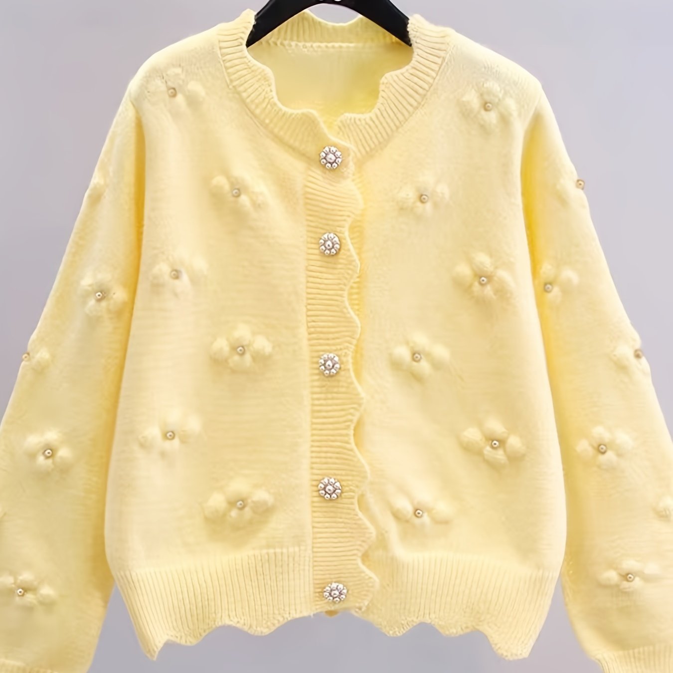 Women's Fashion Knit Cardigan, Round Neck, Embellished 3D Floral, Long Sleeve, Wavy Hem, Solid Color, Polyester, Regular Length, Button Detail, Elegant Style, Autumn\u002FWinter Season