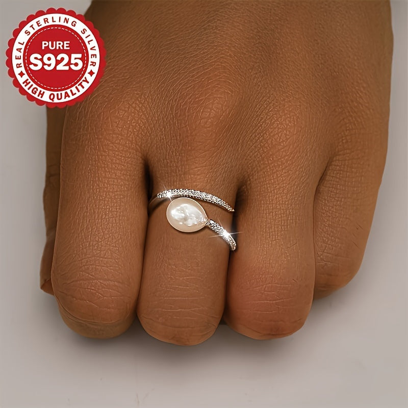 1 Adjustable Freshwater Freshwater Pearls Open Ring, S925 Sterling Silvery Oval Flawless Adjustable Open U-Shaped Ring, Hypoallergenic 2.4g, Suitable for Multiple Occasions