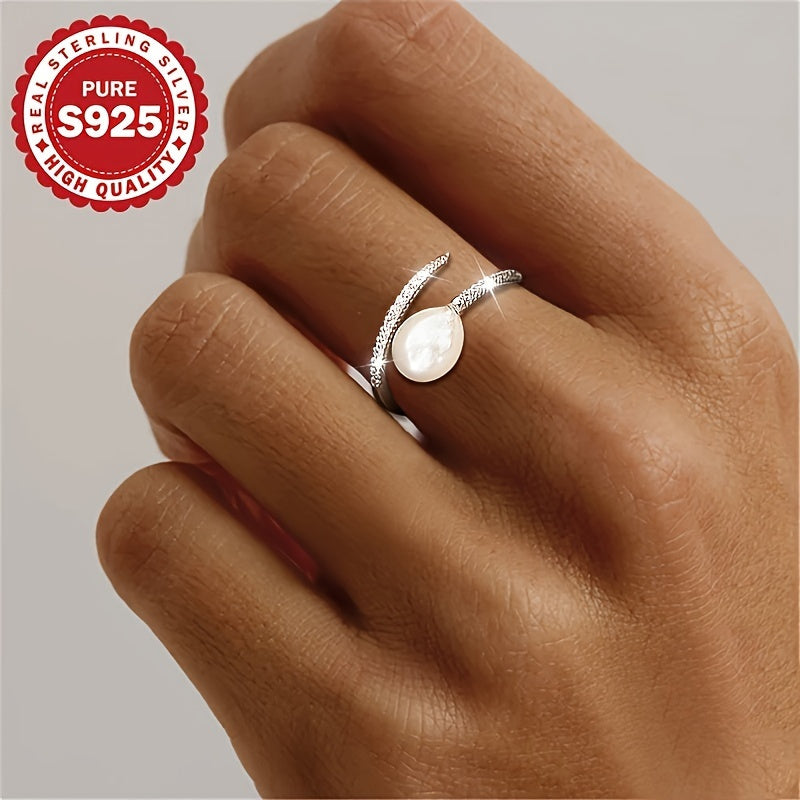 1 Adjustable Freshwater Freshwater Pearls Open Ring, S925 Sterling Silvery Oval Flawless Adjustable Open U-Shaped Ring, Hypoallergenic 2.4g, Suitable for Multiple Occasions