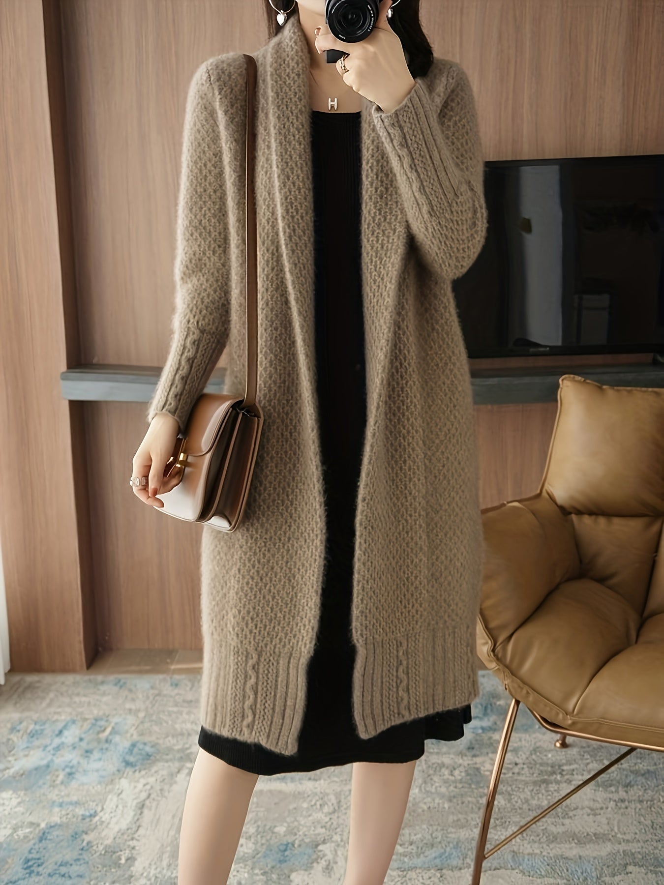 Elegant Long Cardigan Sweater for Women - Autumn\u002FWinter Knitted Fabric, Solid Color, Long Sleeve, Over-the-Knee, Acrylic Material, Reversible Collar Design