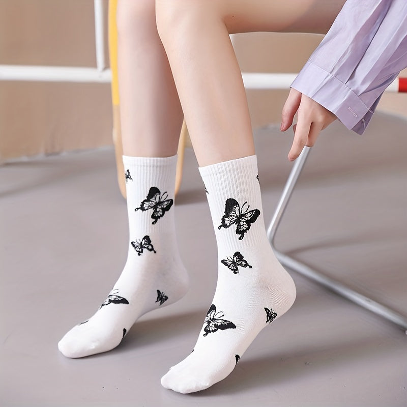New Solid Color Black and White Butterfly Socks, Street Style Couple Socks for Men and Women