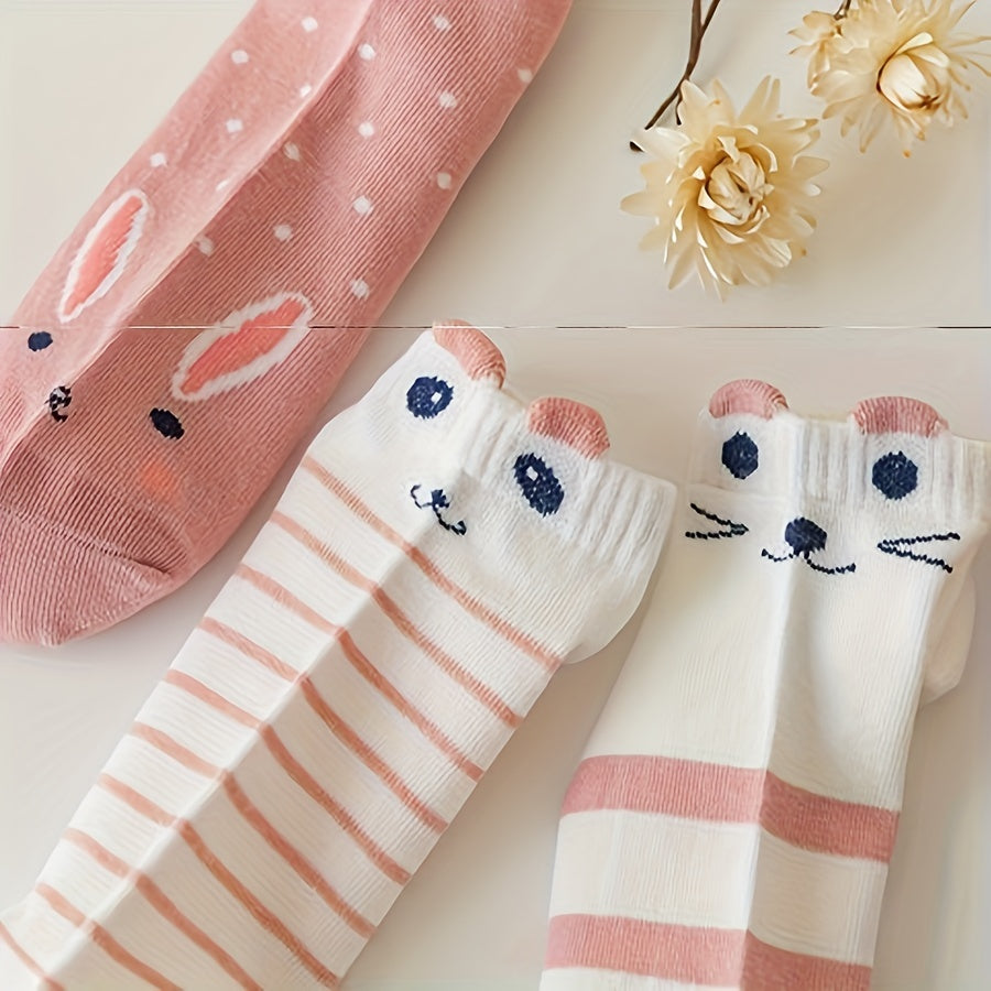 5 Pairs Women's Ankle Socks - Cute Cartoon Cat Design with Polka Dots, Stripes & Hearts - Soft Pink & White Short Socks for Everyday Casual Wear, Novelty Socks, Comfortable Knitwear