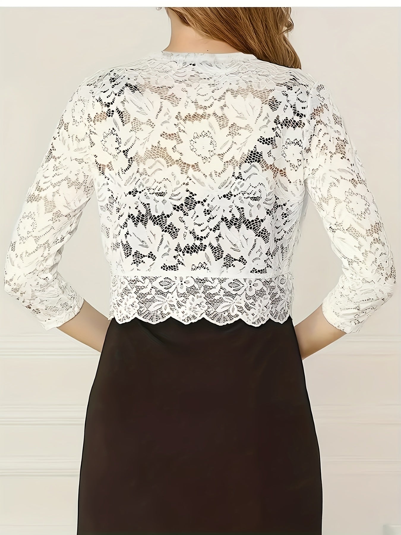 2025 Women'S Elegant Short Collarless Three Quarter Length Sleeve Polyester Knit Fabric Cardigan Top, Solid Color, with Contrast Lace Placket, for Spring\u002FSummer