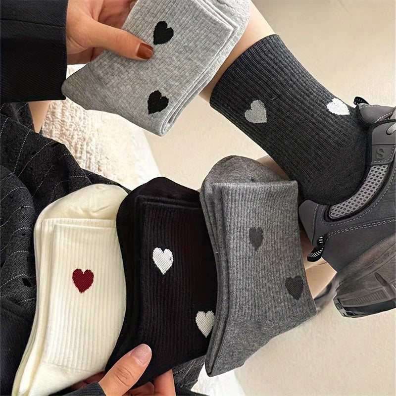 5 Pairs Heart Print Crew Socks 5 Pairs Women'S Heart Print Crew Socks, Comfortable Mid-Calf Length, Polyester Knit Fabric with 5% Elastane, Geometric Pattern, with Hand Wash, for Fall\u002FWinter