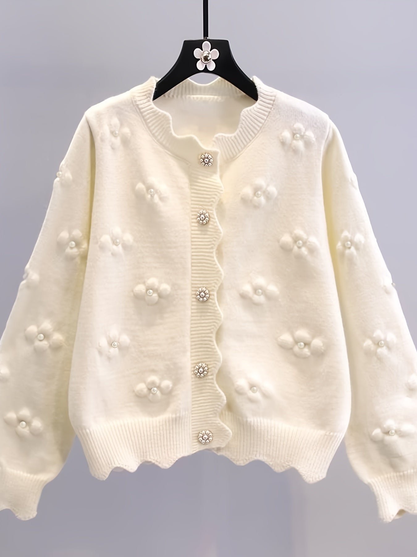 Women's Fashion Knit Cardigan, Round Neck, Embellished 3D Floral, Long Sleeve, Wavy Hem, Solid Color, Polyester, Regular Length, Button Detail, Elegant Style, Autumn\u002FWinter Season