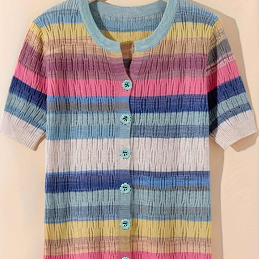 Women'S Casual Rainbow Striped Short Sleeve Cardigan - Comfortable Polyester Knit, Breathable & Stylish, Round Neck, Summer Top, Casual Summer Top|Striped Cardigan|Knit Construction, Ladies Cardigan