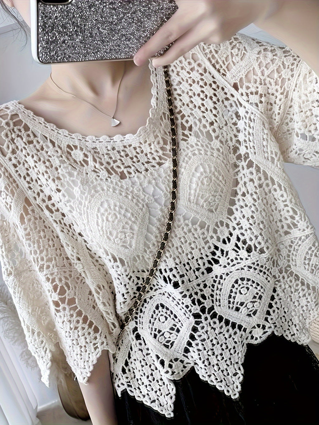 Elegant Crochet Hollow-Out Knit Top - Breathable Cotton Blend, Semi-Sheer, Round Neck - Perfect for Spring & Summer