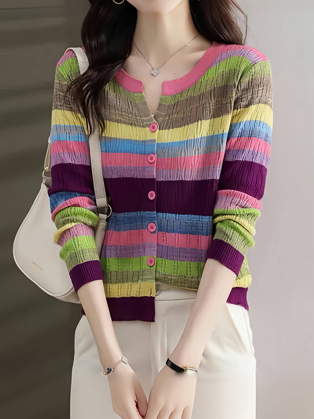 Lightweight, Women'S Long Sleeve Knit Cardigan - Vibrant Rainbow Striped Design, Button-Up, Casual Beach Vacation Style, Spring\u002FSummer Collection, Loose Fit, Polyester Blend, Casual Wear | Vibrant Striped Pattern | Knit Construction, Beach Clothes