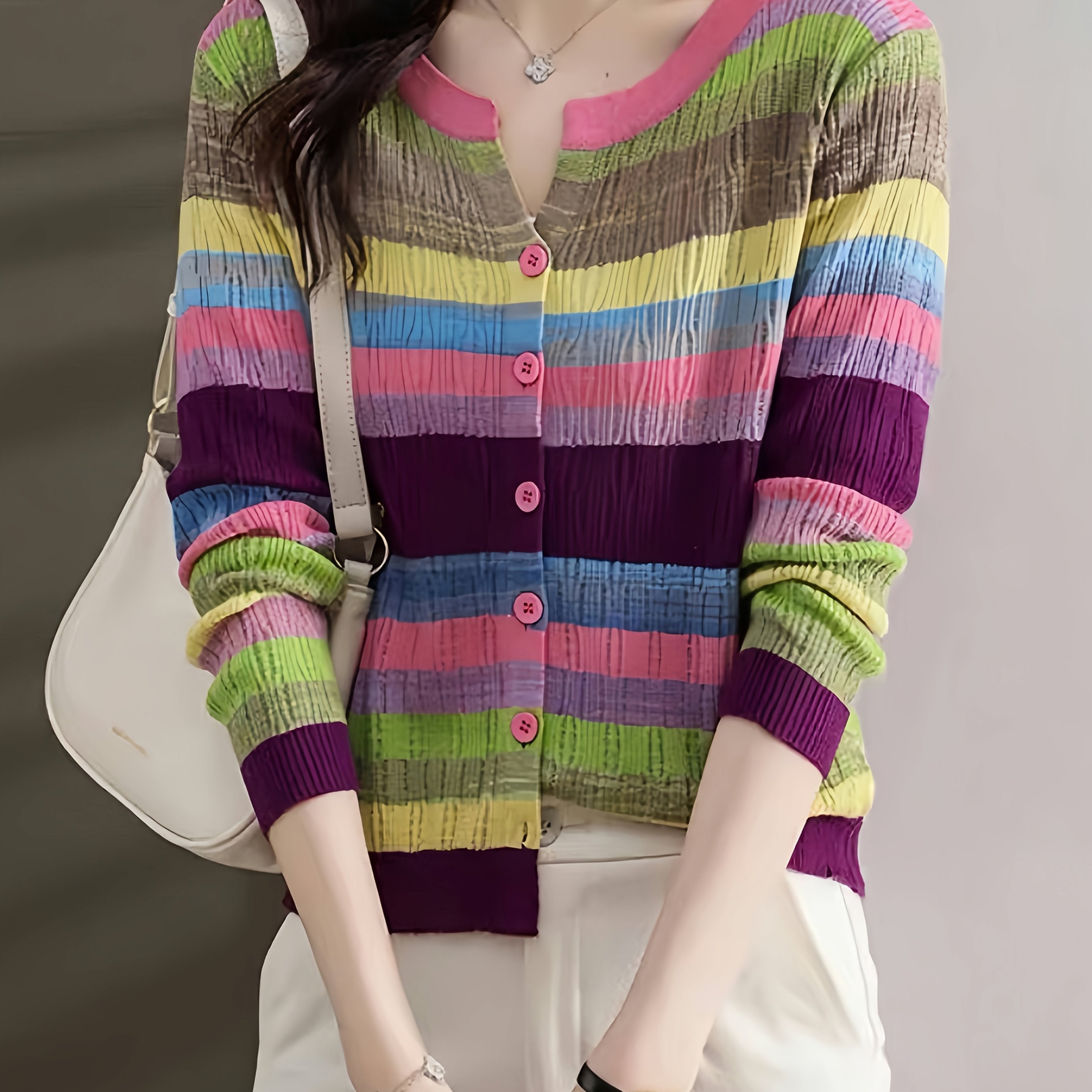 Lightweight, Women'S Long Sleeve Knit Cardigan - Vibrant Rainbow Striped Design, Button-Up, Casual Beach Vacation Style, Spring\u002FSummer Collection, Loose Fit, Polyester Blend, Casual Wear | Vibrant Striped Pattern | Knit Construction, Beach Clothes