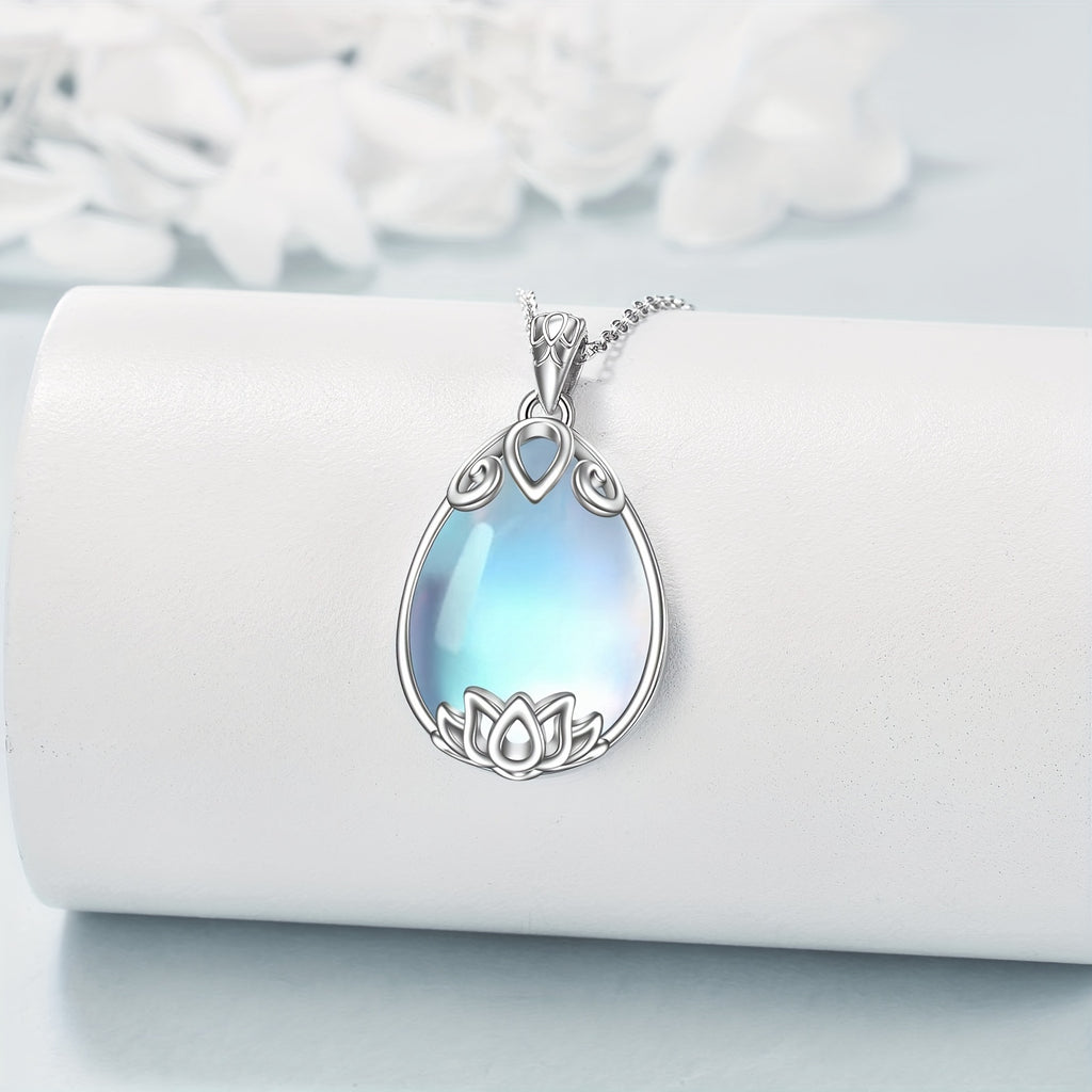 Moonstone Lotus Necklace 925 Sterling Silver Filigree Teardrop Pendant Necklace Jewelry Gift For Women