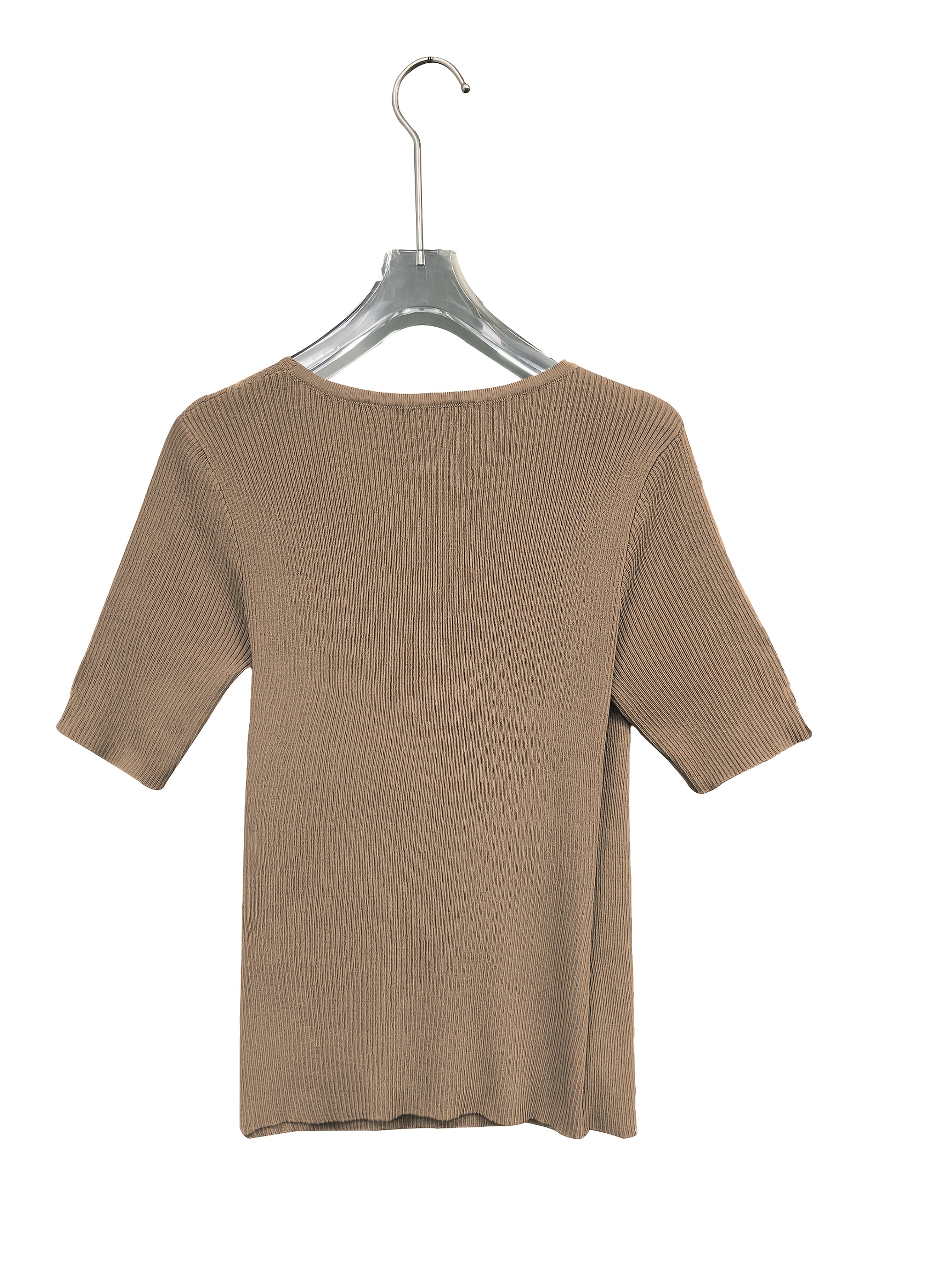 Elegant V-Neck Top for Women - Chic Half Sleeve Sweater Blouse with Fake Buttons, Ribbed Texture, Perfect for Spring\u002FSummer Casual Wear, Elegant Attire | Stylish Ribbed | Construction