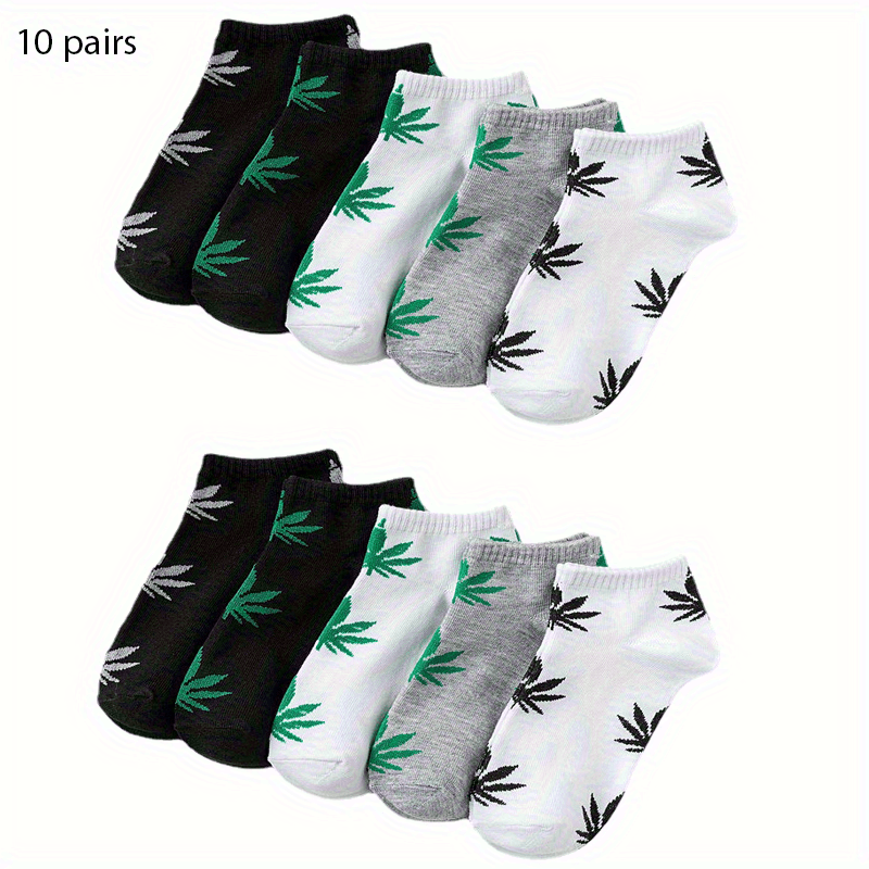 10 Pairs Women's Leaf Print Ankle Socks - Soft & Lightweight Sports Socks with Leaf Design, Breathable Short Socks for Casual Wear, Black\u002FWhite\u002FGrey with Green Accents