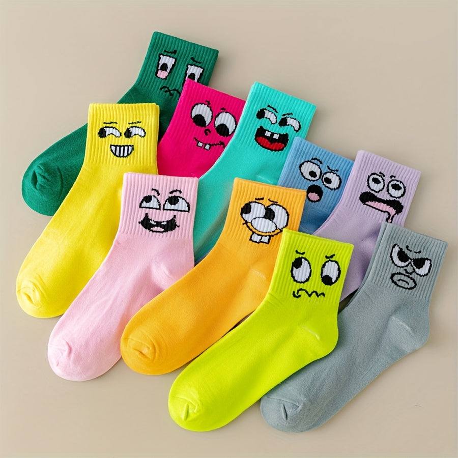 Women's Playful Face Design Mid-Calf Socks - Breathable Moisture-Wicking Ribbed Cuff, Vibrant Neon & Pastel Colors, Machine Washable for Casual Sports & Casual Attire, Quirky Sock Patterns
