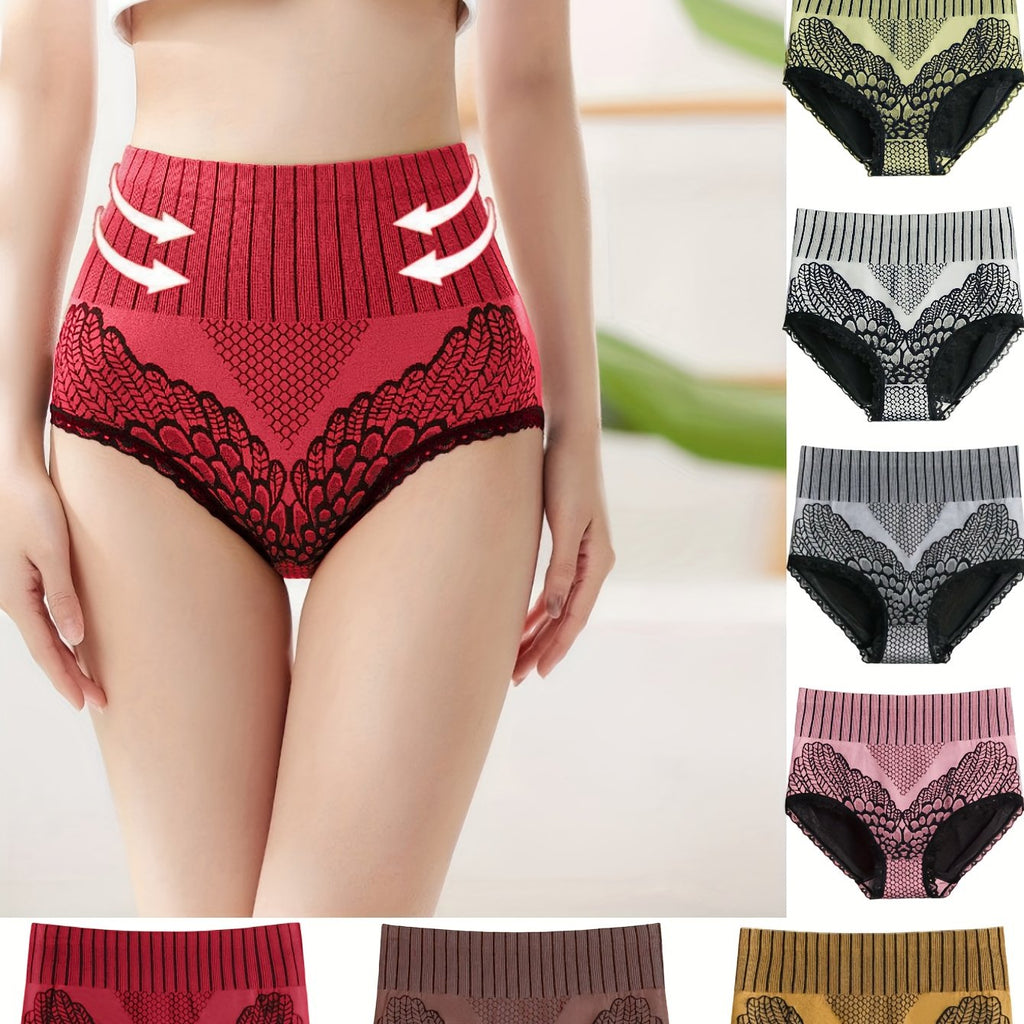 7pcs Color Block Stripes High Waist Briefs, Elegant Comfy Breathable Stretchy Intimates Panties, Women's Lingerie & Underwear