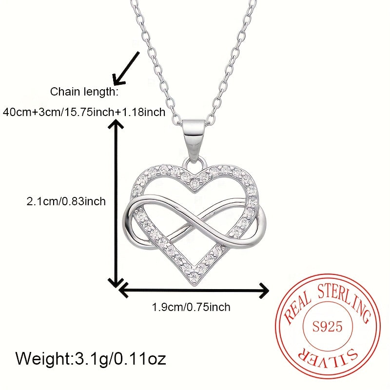 1pc Elegant 925 Sterling Silver Heart Pendant Necklace with Cubic Zirconia - Mobius Link Design, Perfect Gift for Birthdays, Weddings, Valentine'S Day, Easter, Ramadan, Mother'S Day, Valentine'S Day Necklace|Elegant Necklace|Durable Jewelr