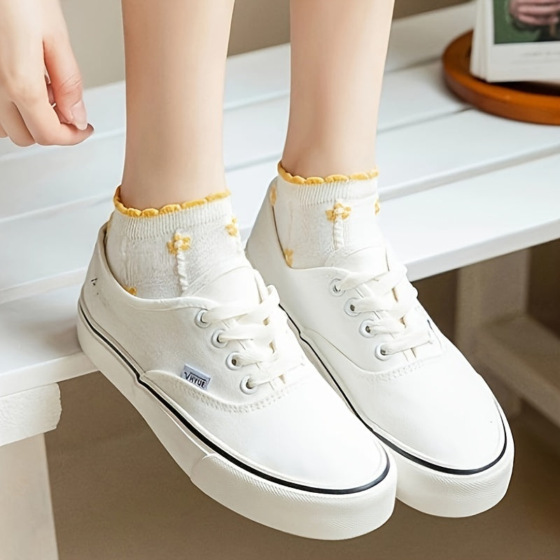 5 Pairs Women'S Floral & Letter Ankle Socks - Breathable, Comfortable Knit Fabric, Ruffled Edge Design, Pastel Colors with Colorful Lettering (Ace, Love, Friendship, Sister, Sisterhood) - Casual Wear, Cute Socks