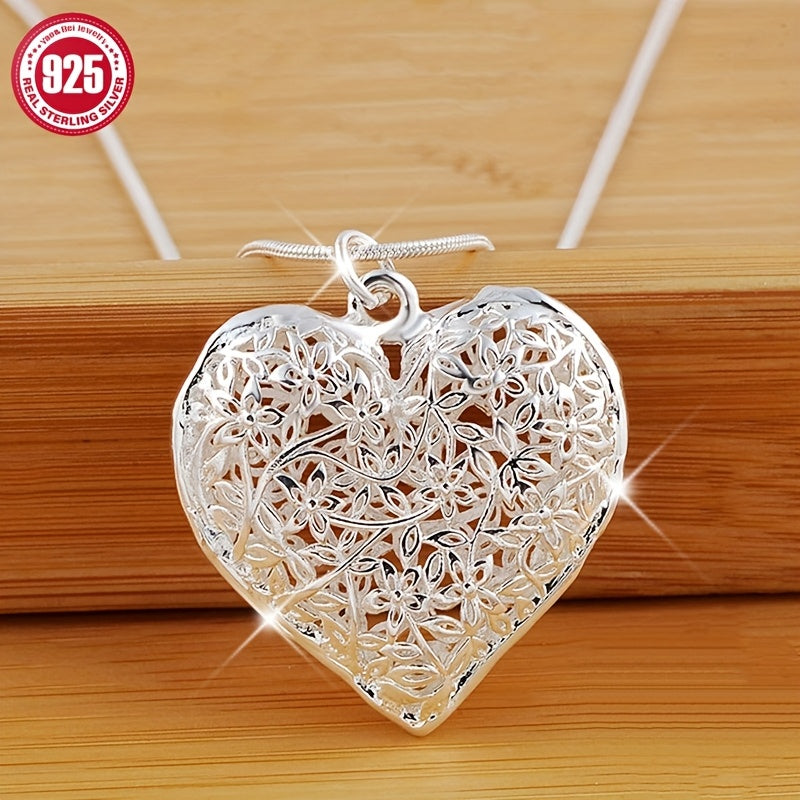 1pc Elegant 925 Sterling Silver Hollow Heart-Shaped Pendant Snake Bone Necklace, DIY Charm for Women - Ideal for Birthday, Carnival, Ramadan, Easter, Valentine's, Mother'S Day Gift