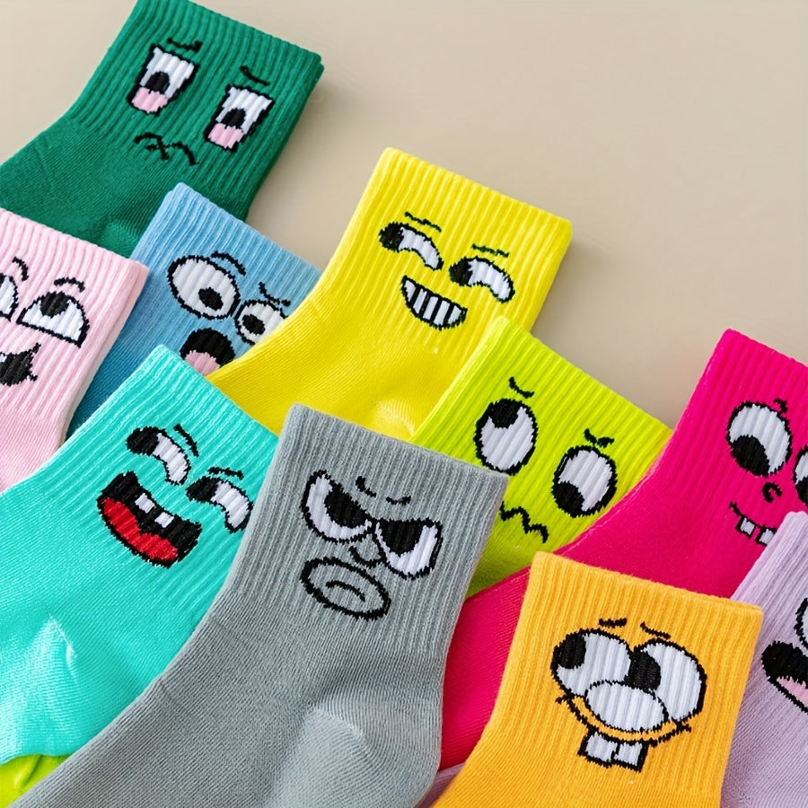 Women's Playful Face Design Mid-Calf Socks - Breathable Moisture-Wicking Ribbed Cuff, Vibrant Neon & Pastel Colors, Machine Washable for Casual Sports & Casual Attire, Quirky Sock Patterns