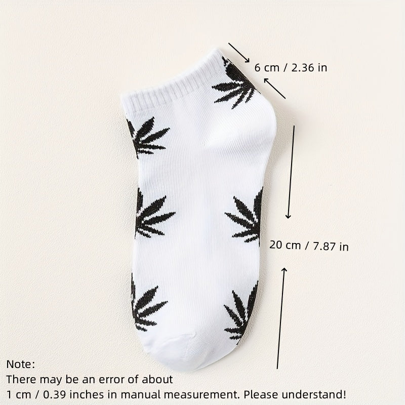 10 Pairs Women's Leaf Print Ankle Socks - Soft & Lightweight Sports Socks with Leaf Design, Breathable Short Socks for Casual Wear, Black\u002FWhite\u002FGrey with Green Accents