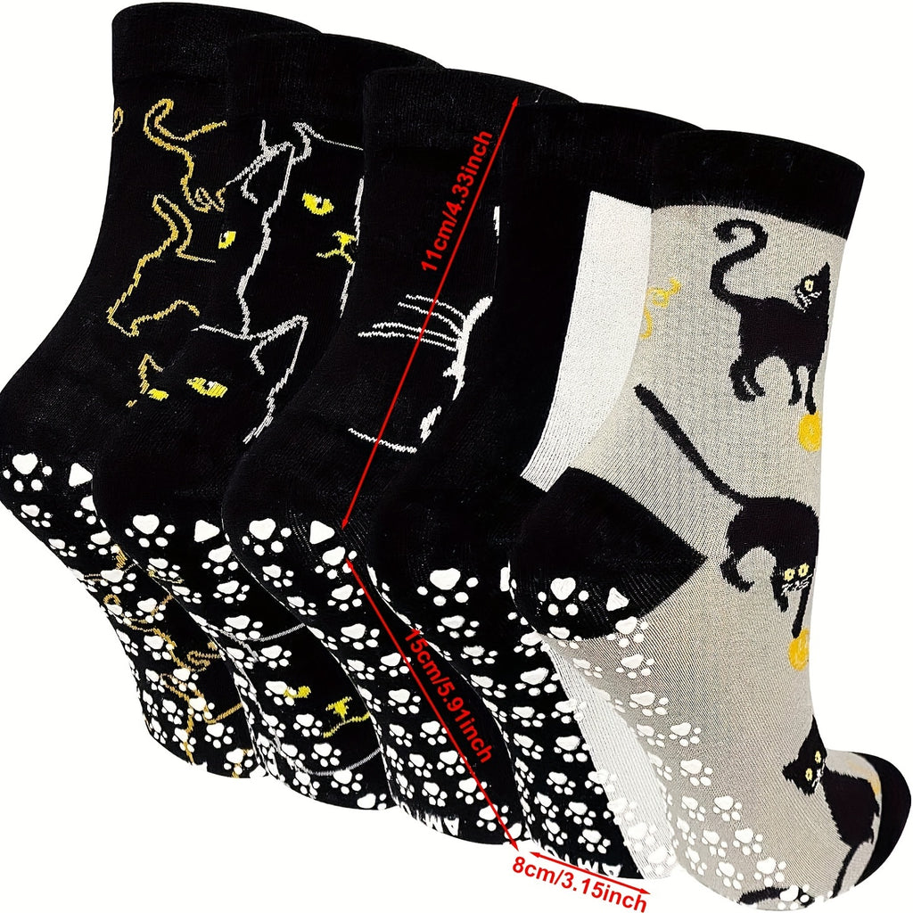 5 Pairs Women's Non-Slip Grip Socks with Playful Cat & Skull Cartoon Design, Anti-Skid Sole, All-Season Comfort, Hand Wash\u002FDry Clean - Funny Novelty Socks for Casual Wear, Cute Socks, Comfortable Footwear, Whimsical Sock Patterns