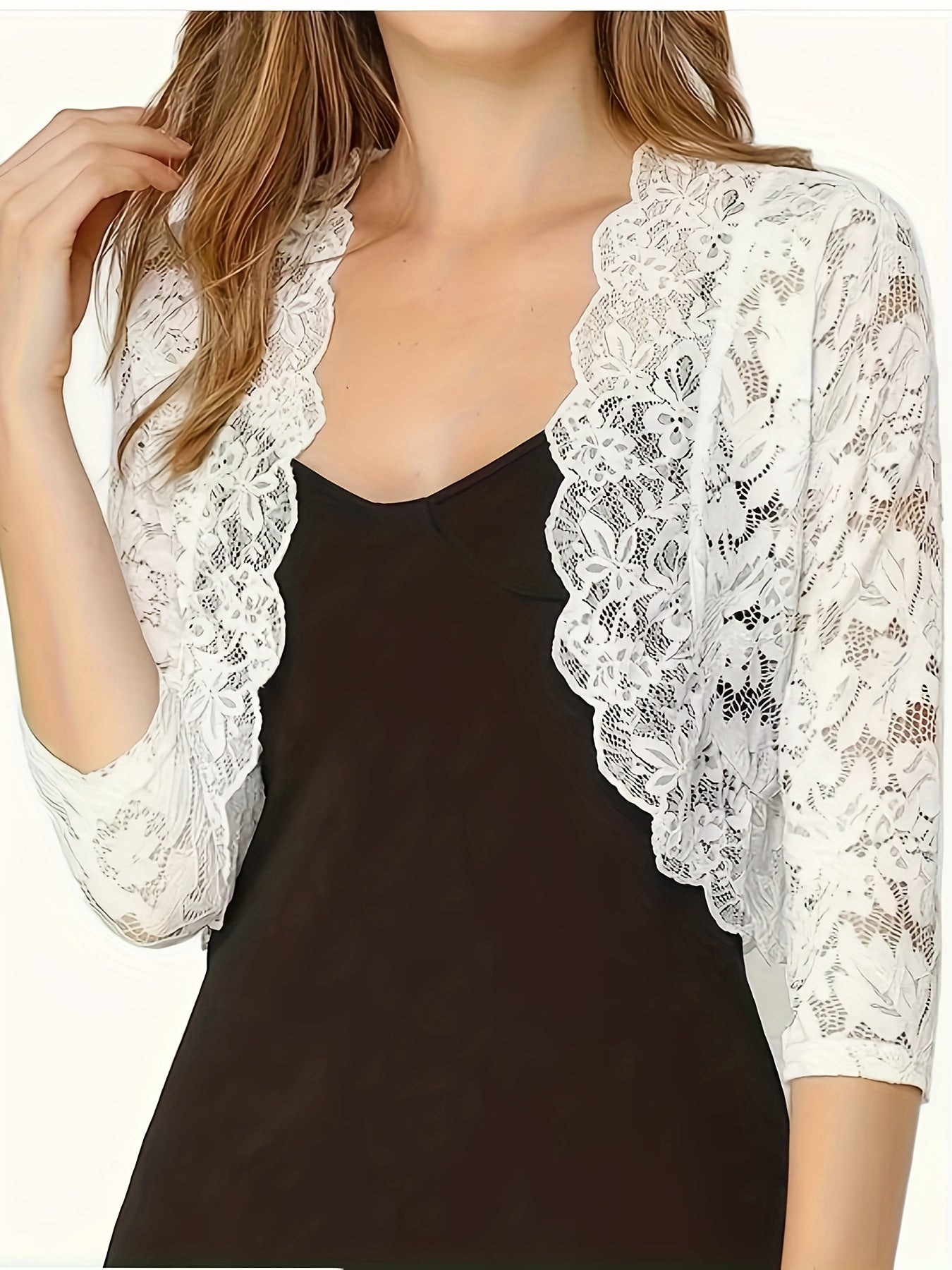 2025 Women'S Elegant Short Collarless Three Quarter Length Sleeve Polyester Knit Fabric Cardigan Top, Solid Color, with Contrast Lace Placket, for Spring\u002FSummer
