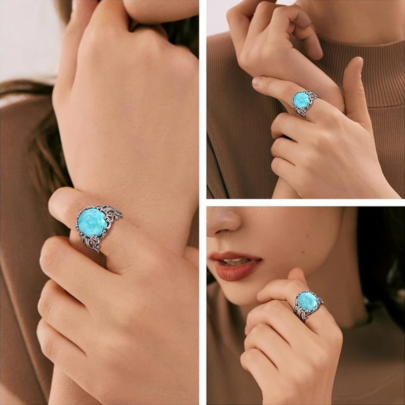 A Stylish S925 Silver Ring for Women Featuring Floral Designs And Turquoise, Adjustable And Open-Ended, Perfect As a Jewelry Gift for Mother'S Day, with a Low Allergy Risk And a Weight of 3.3G.