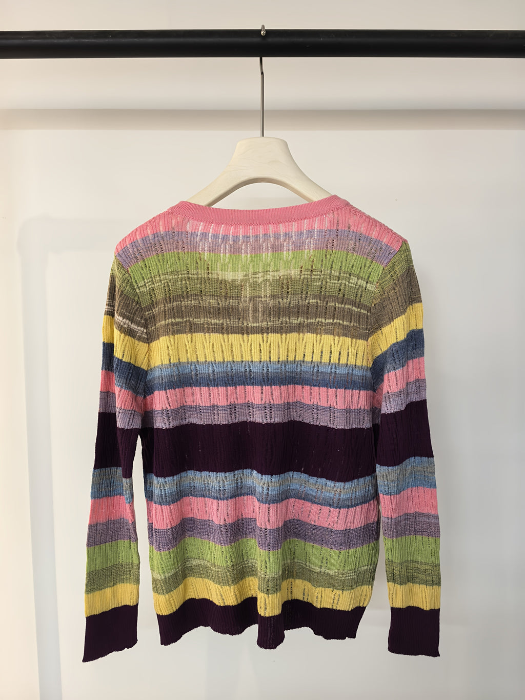 Lightweight, Women'S Long Sleeve Knit Cardigan - Vibrant Rainbow Striped Design, Button-Up, Casual Beach Vacation Style, Spring\u002FSummer Collection, Loose Fit, Polyester Blend, Casual Wear | Vibrant Striped Pattern | Knit Construction, Beach Clothes