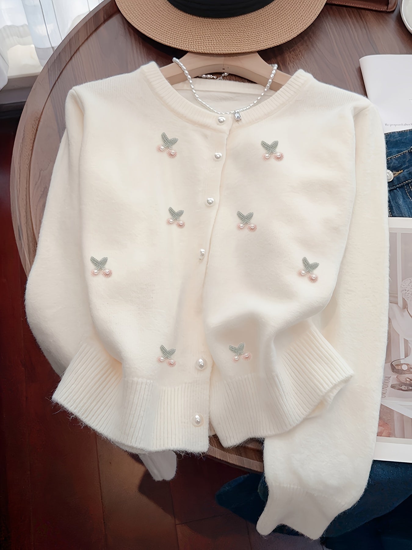Women's Elegant Casual Round Neck Cardigan with Cherry Embroidery & Pearl Buttons - Long Sleeve All-Season Sweater for Casual Attire, Cardigan Sweater, Versatile Layering, Chic Knitwear, Delicate Embroidery, Top, Stylish Women