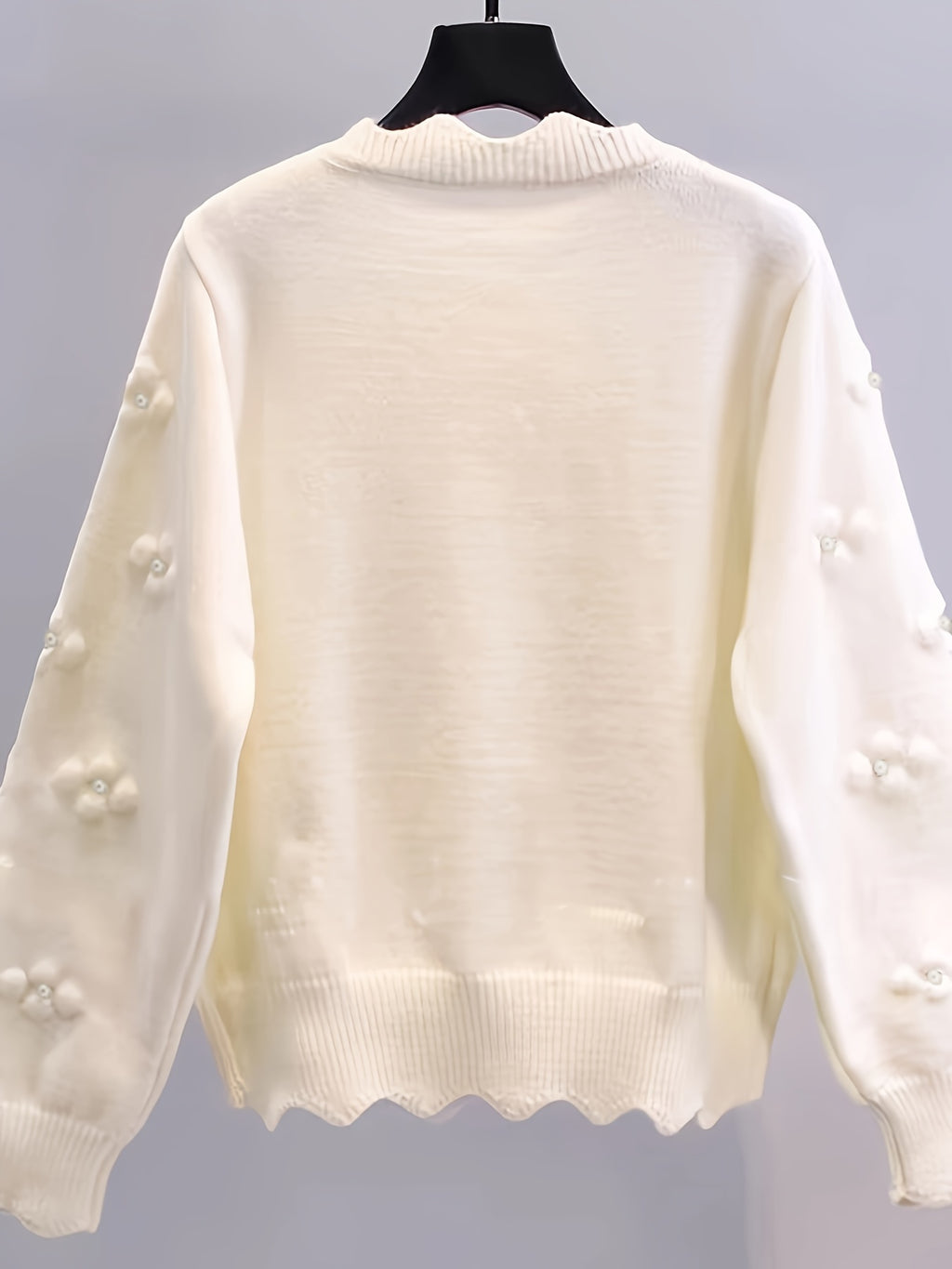 Women's Fashion Knit Cardigan, Round Neck, Embellished 3D Floral, Long Sleeve, Wavy Hem, Solid Color, Polyester, Regular Length, Button Detail, Elegant Style, Autumn\u002FWinter Season