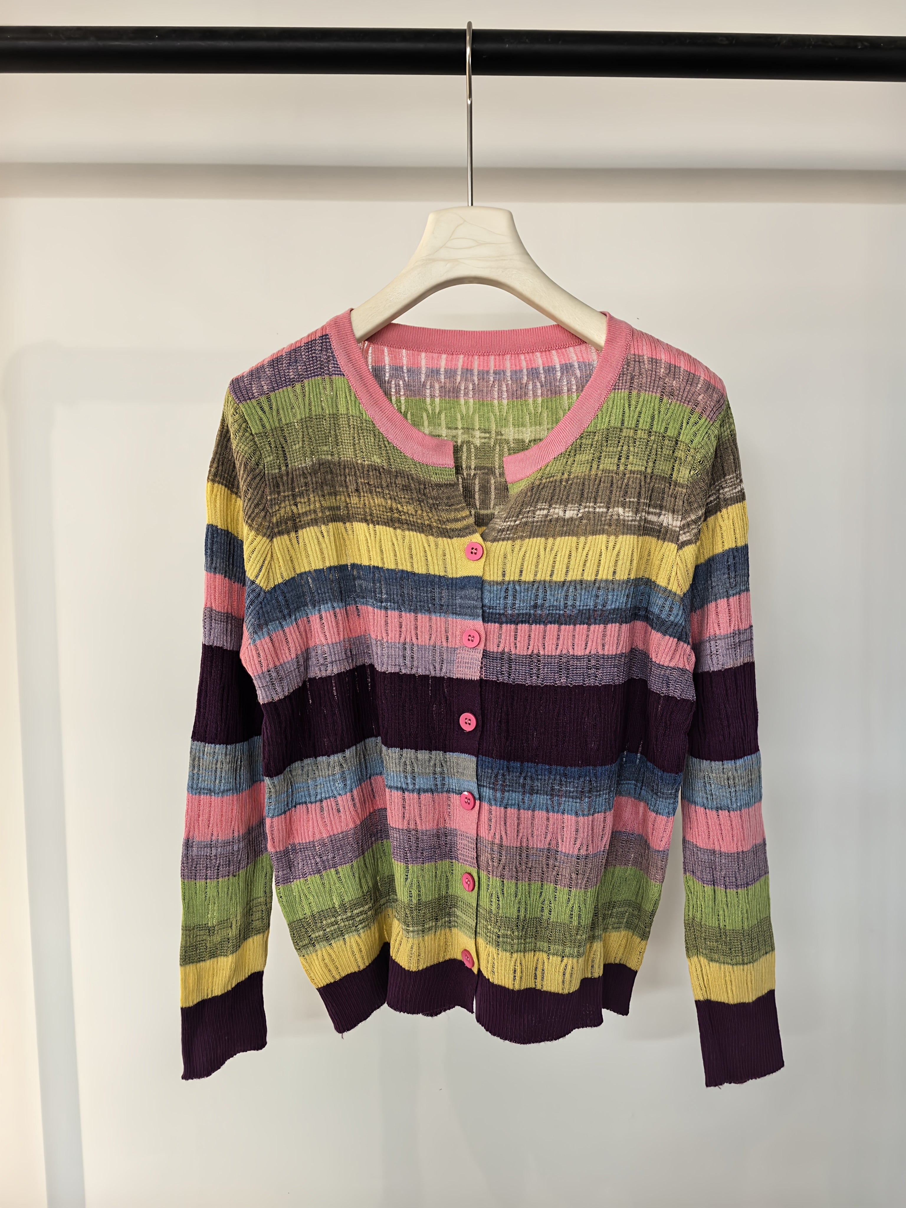Lightweight, Women'S Long Sleeve Knit Cardigan - Vibrant Rainbow Striped Design, Button-Up, Casual Beach Vacation Style, Spring\u002FSummer Collection, Loose Fit, Polyester Blend, Casual Wear | Vibrant Striped Pattern | Knit Construction, Beach Clothes
