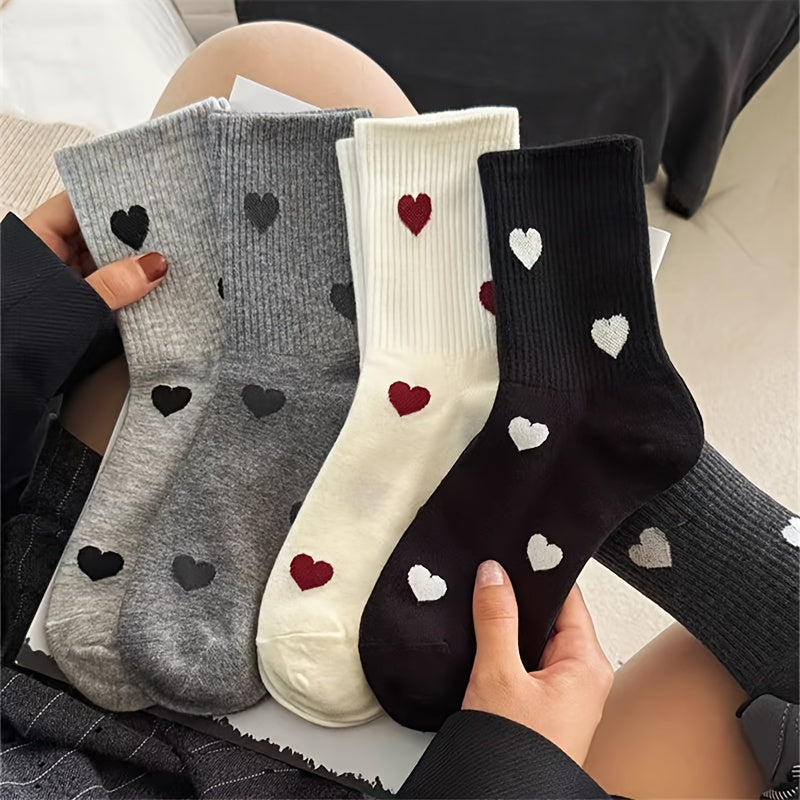 5 Pairs Heart Print Crew Socks 5 Pairs Women'S Heart Print Crew Socks, Comfortable Mid-Calf Length, Polyester Knit Fabric with 5% Elastane, Geometric Pattern, with Hand Wash, for Fall\u002FWinter