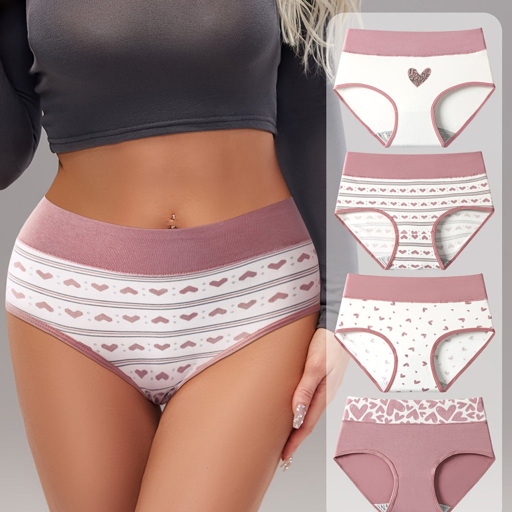 4pcs Women'S Briefs with Heart Print - High Waist, Soft & Breathable, Elastic Waistband, Comfortable Underwear for Autumn and Winter, Autumn Underwear | Heart Print Briefs | Comfortable Fit